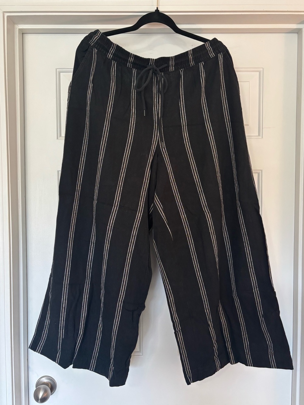 Wide Leg Striped Drawstring Pants - Black